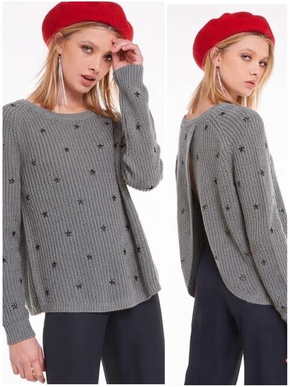 Wildfox Beaming Stars Erika Gray Ribbed Knit Open Back Studded Sweater Large